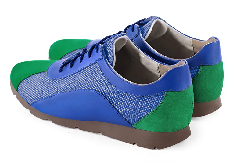 Emerald green and electric blue women's two-tone elegant sneakers. Round toe. Flat rubber soles. Rear view - Florence KOOIJMAN